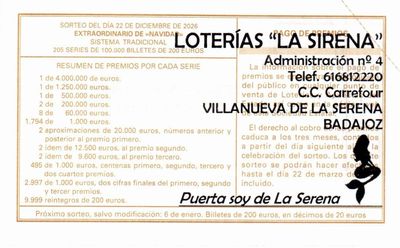 Reverso del d&eacute;cimo 79496 con el sello de la Administraci&oacute;n n&ordm; 4 &laquo;La Sirena&raquo;, en Villanueva de la Serena